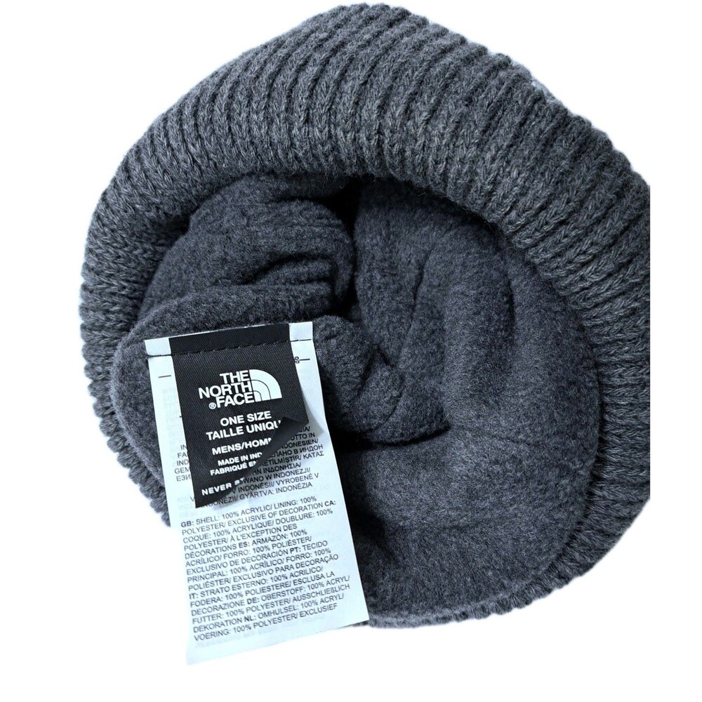 North Face Beanie Hat One Size Gray Ribbed Cuff Knit Warm Ski Cap Fleece Lined - Picture 4 of 6